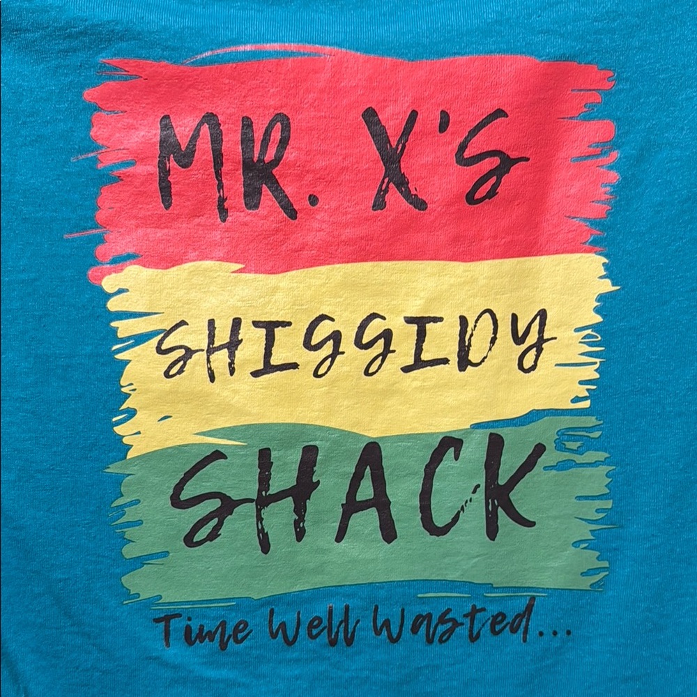 NWOT Mr. X’s Shiggidy Shack Beach Bar St. Kitts Gildan Blue Short Sleeve Tee